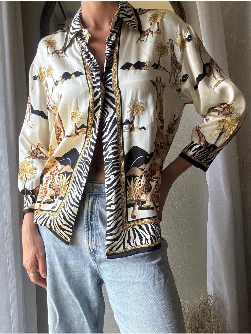 Vtg Corey B Silk Giraffe zebra print Blouse